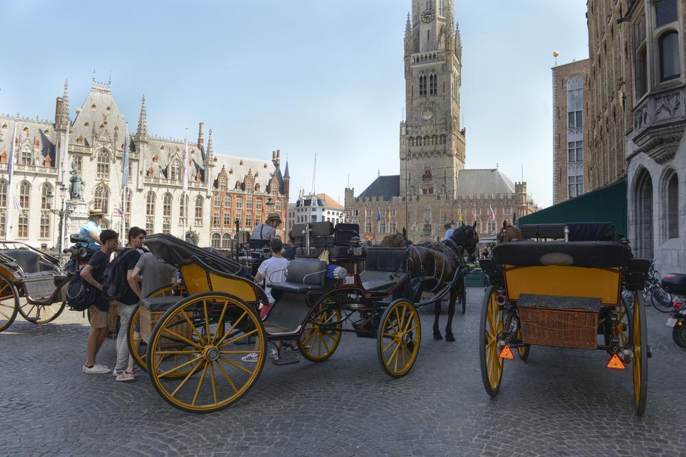 Hitte in Brugge; de koetsiers plaatsen hun paarden in de schaduw van de huizen op de markt