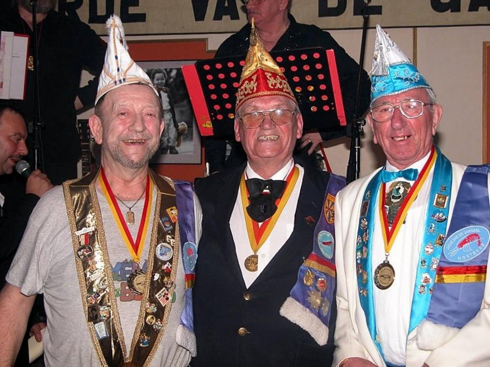 Drie iconen van het carnaval: Gerard Dangreau (voorzitter Orde van de Kloeffe), Pol Segers (voorzitter Orde van de Garnaal) en Robert Dequick (voorzitter Orde van de Wullok).