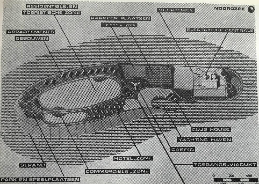 Een grondplan van de kerncentrale voor de kust.