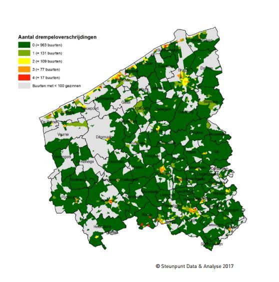 Er zijn 94 buurten die aan de hand van de gebruikte methode als kansarm naar voor komen. Dit komt neer op 7,2% van het aantal beschouwde buurten. In deze 94 kansarme buurten wonen samen 70.777 gezinnen (14,3% van de West-Vlaamse gezinnen). In bevolkingsaantallen zijn dit 132.107 personen of 11,8% van de West-Vlamingen.