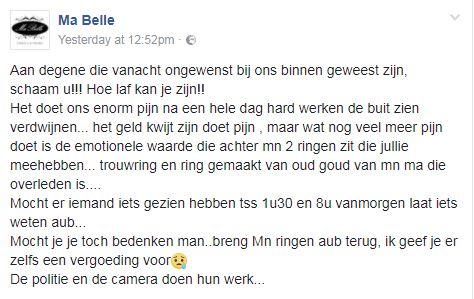De zaakvoerster van Ma Belle plaatste zaterdag een emotioneel bericht op Facebook.