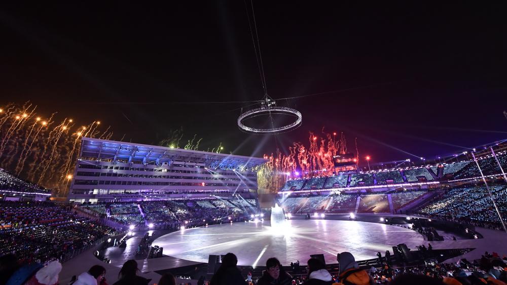 Een sfeerbeeld van de openingsceremonie in Pyeongchang.