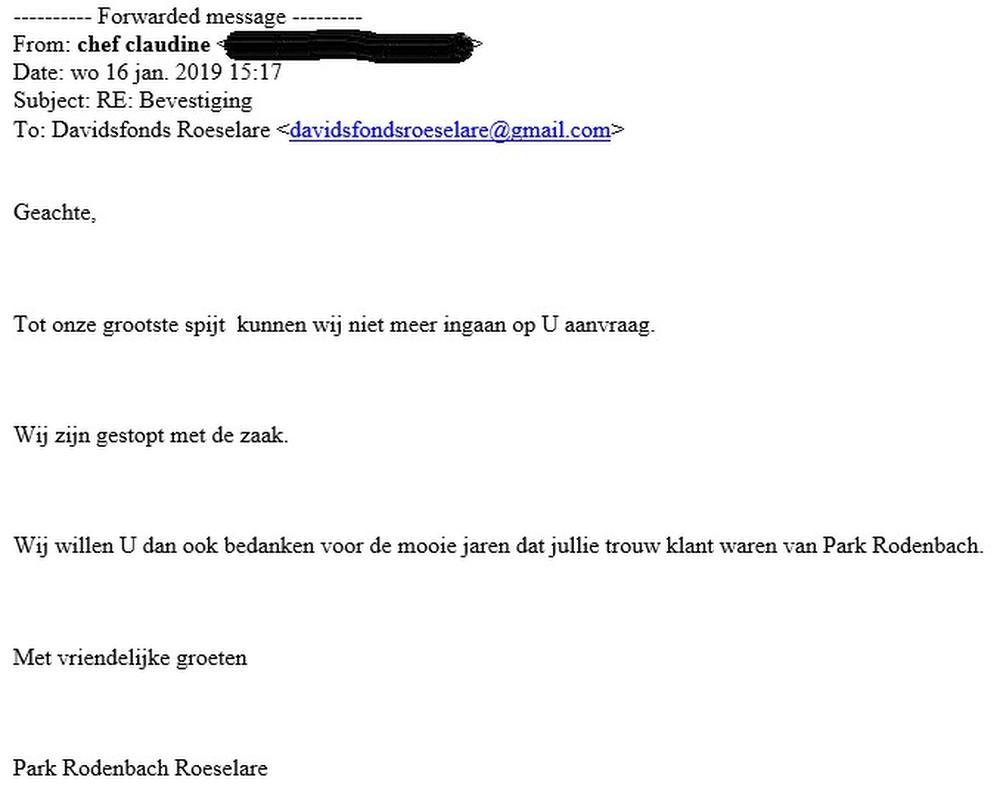 Het Davidsfonds kreeg via mail te horen dat Park Rodenbach ermee ophoudt. (gf)