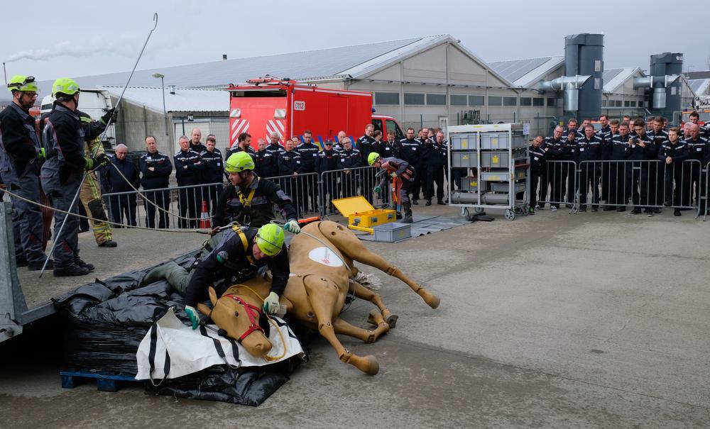 Het dierenreddingsteam van de post Veurne en Diksmuide-Leke geven een demonstratie hoe een paard uit een sloot wordt gelicht.