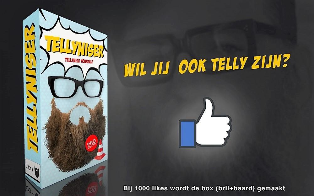 Een kameraad van Telly brengt een box met baard en bril op de markt omdat er 1.000 likes werden gehaald op Facebook.