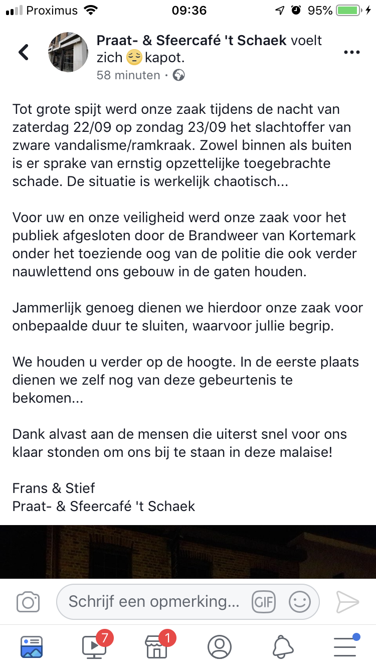 Praat- & Sfeercafé 't Schaek in Kortemark slachtoffer van vandalisme