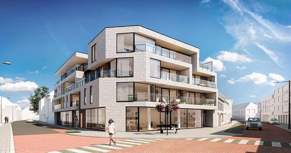 Dit complex van Vlaemynck komt op de hoek van de Kortrijkstraat en Steenstraat.