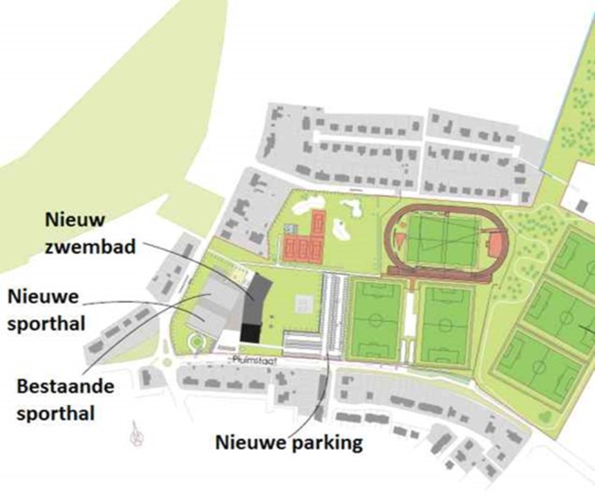 Een grondplan van sportcomplex De Pluimen.
