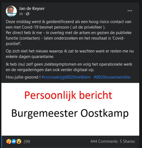 Oostkampse burgemeester Jan de Keyser test positief op corona