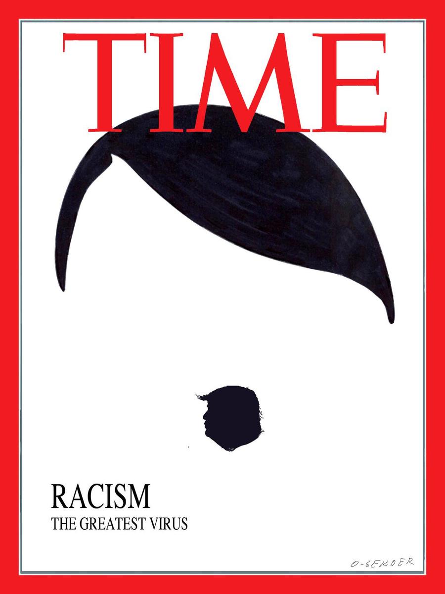 Dit is de cartoon van O-Sekoer die momenteel Twitter oververhit. Een fictieve cover van Time Magazine en een wel heel bijzonder Hitler-snorretje.