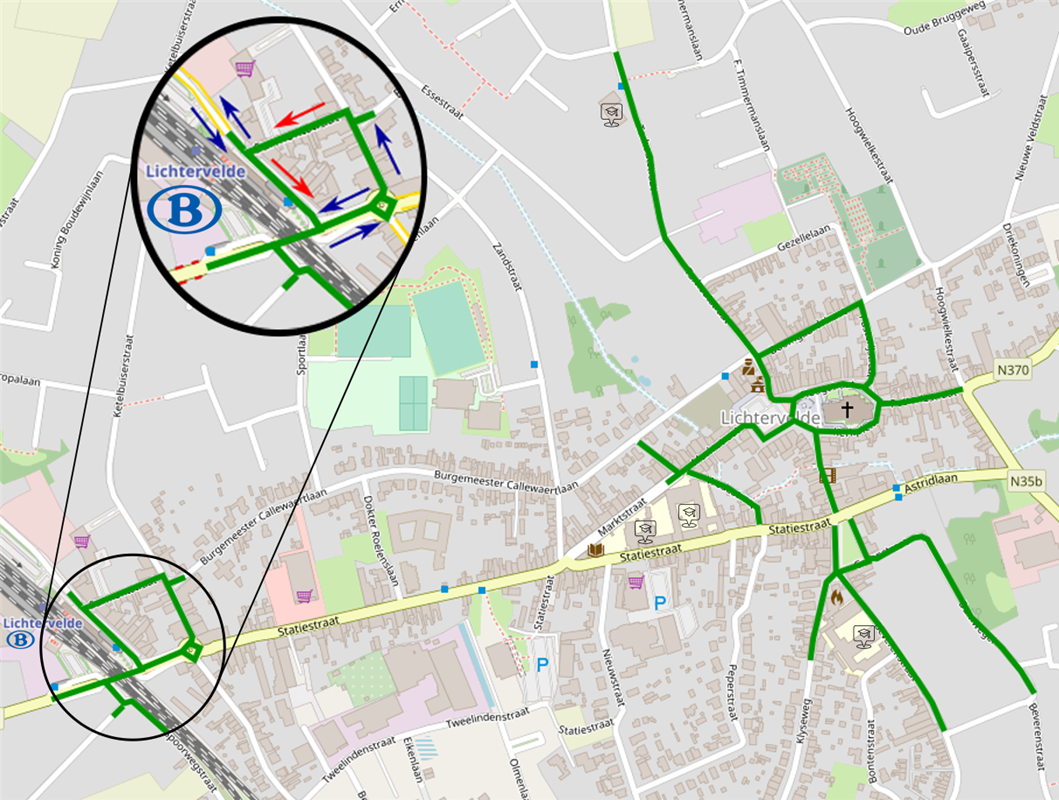 De 'groene' straten zijn fietsstraten. In de stationsomgeving geldt sinds woensdag eenrichtingsverkeer.