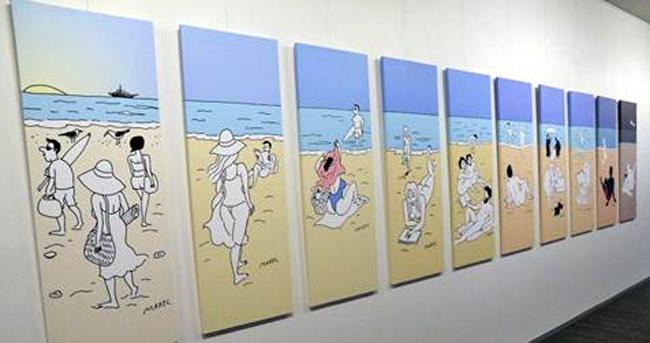 De serie van tien canvassen met strandtaferelen.