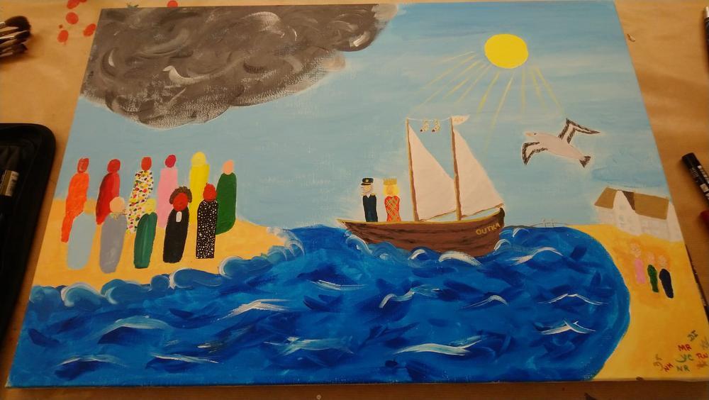 Dit kunstwerk werd gemaakt door een van de terreurslachtoffers. Links zie je de groep, onder de zwarte wolk. Myriam en haar man Patrick komen hen 'redden' en brengen hen per boot naar de Koninklijke Villa.