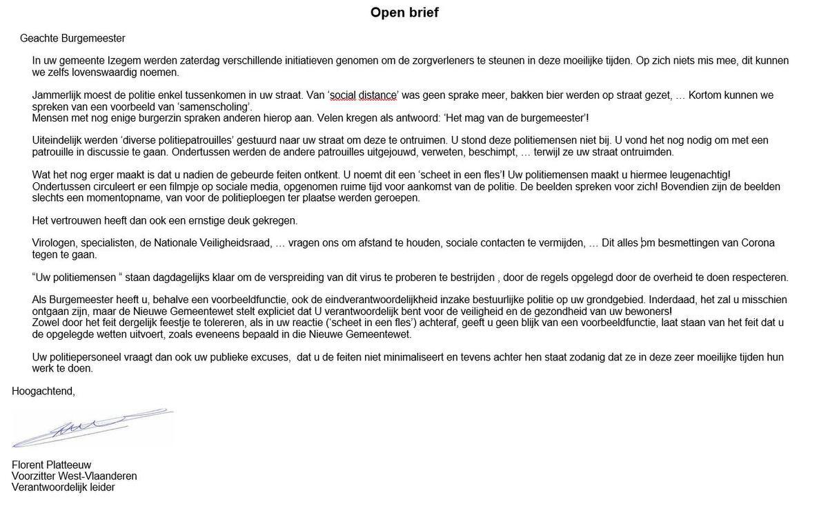 VSOA richt zich nu ook in open brief naar Izegemse burgemeester Maertens en eist publieke excuses