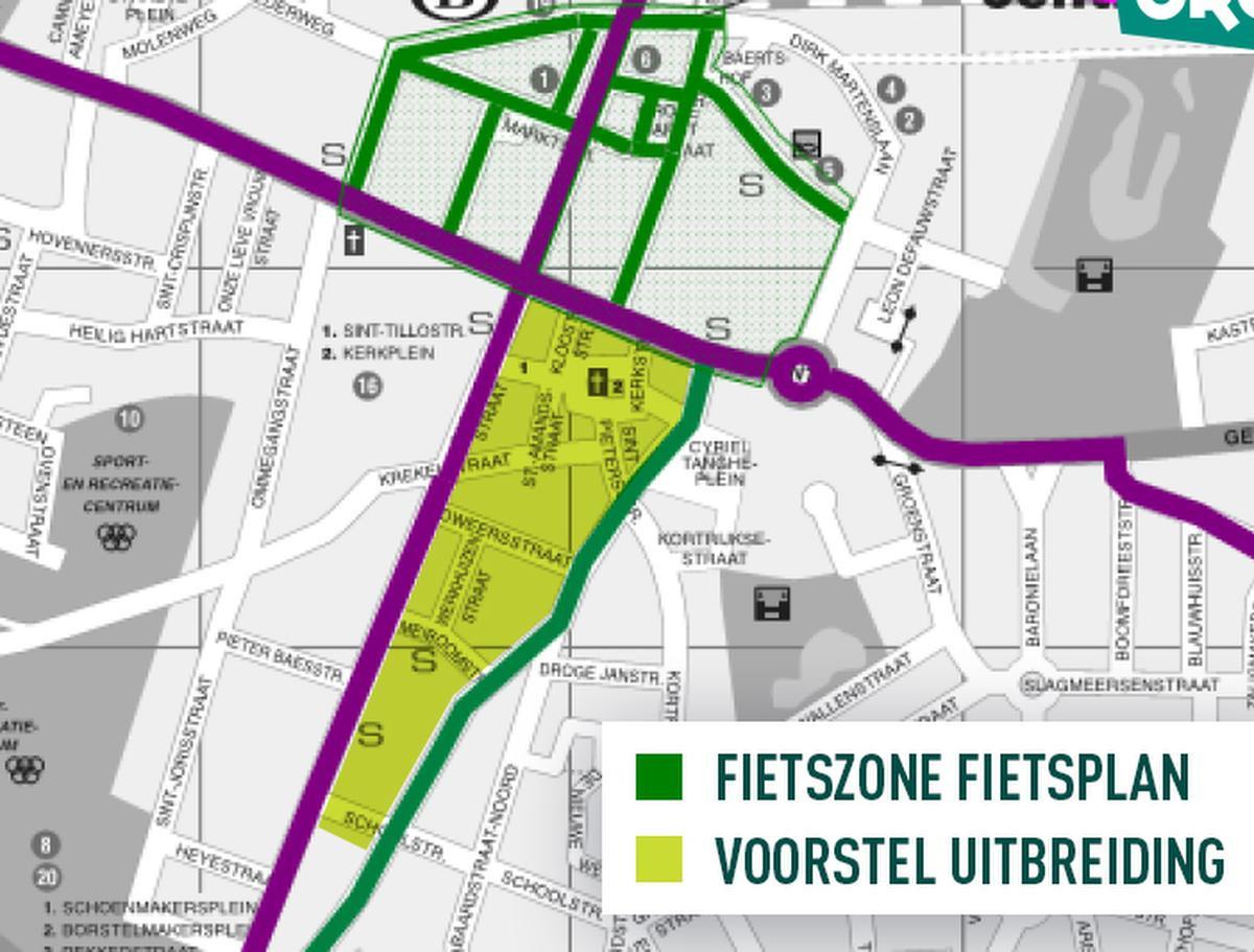 Het geel gekleurde stuk uitbreiding van de fietszone kwam er op vraag van Groen.