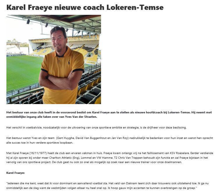 Karel Fraeye laat avontuur bij KSV Roeselare achter zich en gaat aan d de slag bij Lokeren-Temse