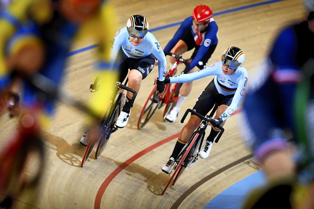 Belgian Jolien D'Hoore and Belgian Shari Bossuyt pictured in action during the women's Madison race event at the 2018 world championships track cycling in Apeldoorn, the Netherlands, Saturday 03 March 2018. The track cycling worlds take place from 28 February to 04 March.