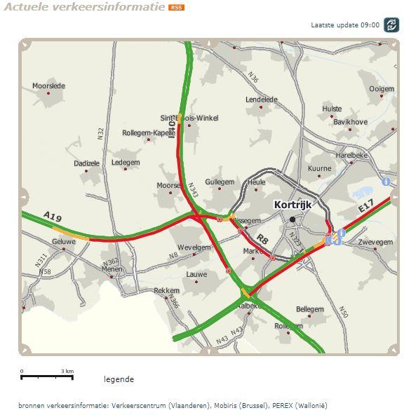 De situatie op de snelwegen rond Kortrijk om 9 uur dinsdagochtend.