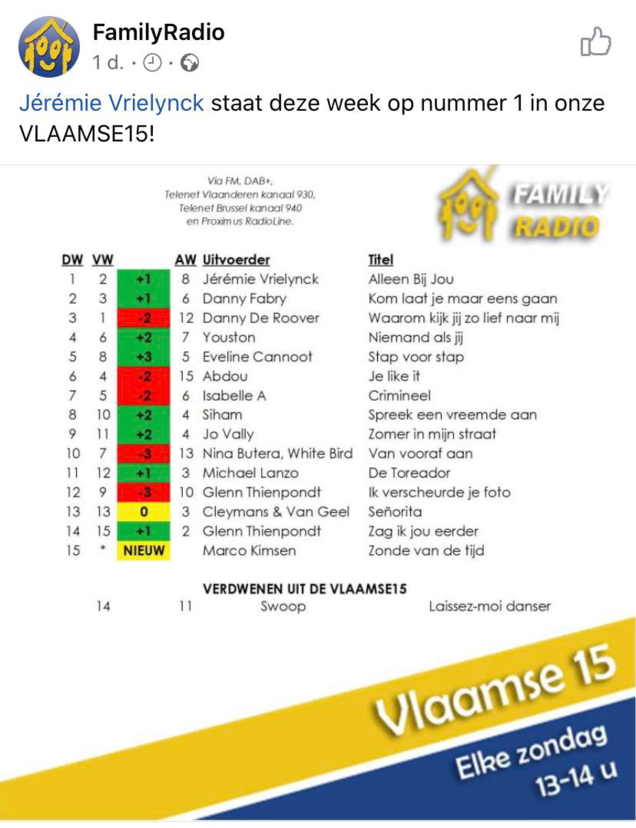 Jérémie Vrielynck staat op nummer één in de Vlaamse 15 van FamilyRadio