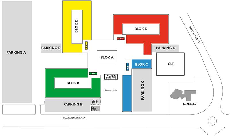 AZ Groeninge, campus Kennedylaan bestaat uit vijf blokken, elk met een specifieke kleur.