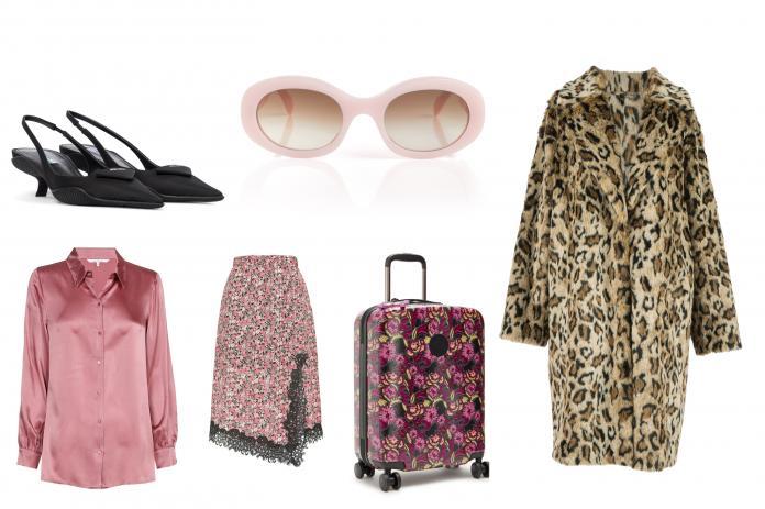 Stingback (Prada, € 750) Roze blouse (Xandres, € 179) Roze zonnebril (Céline, € 320) Mantel met tijgerprint (Twinset, € 278) Bloemenrok met kantstrook (Pinko, € 180) Trolley (Anna Sui x Kipling, € 229)