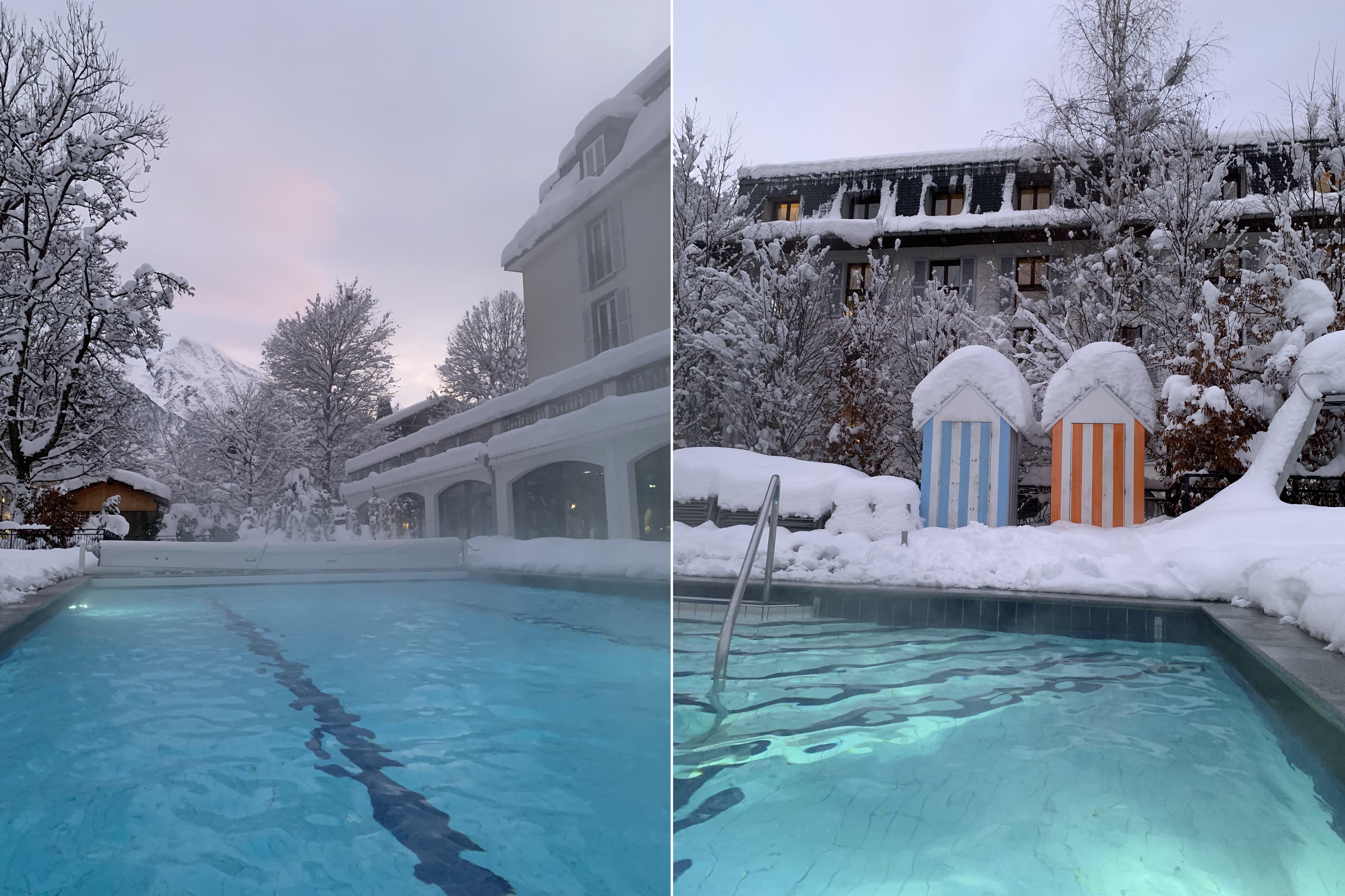 Het verwarmde buitenzwembad biedt heel het jaar door een sprookjesachtig zicht op de Mont Blanc.