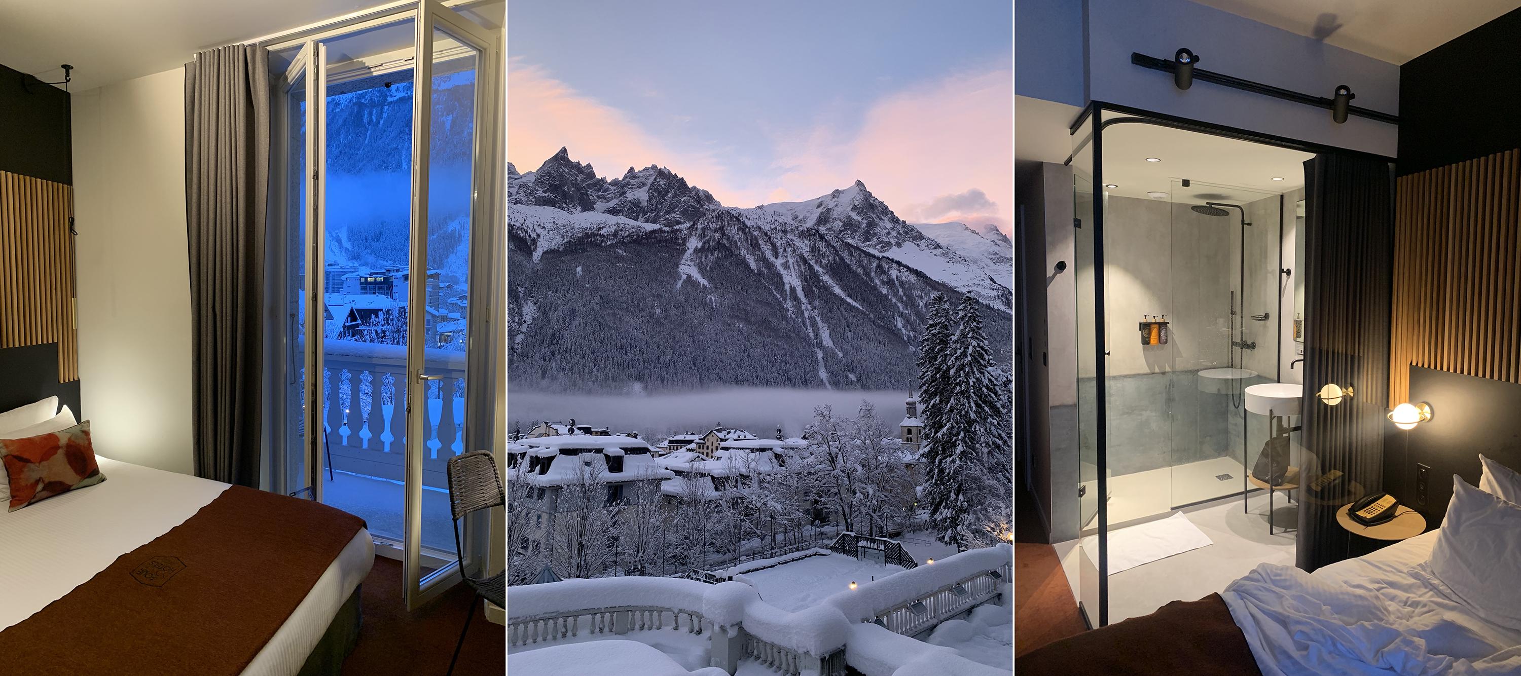 Vanop het privé-terrasje van hun premiumkamer heb je een magisch zicht over Chamonix en de Alpen.