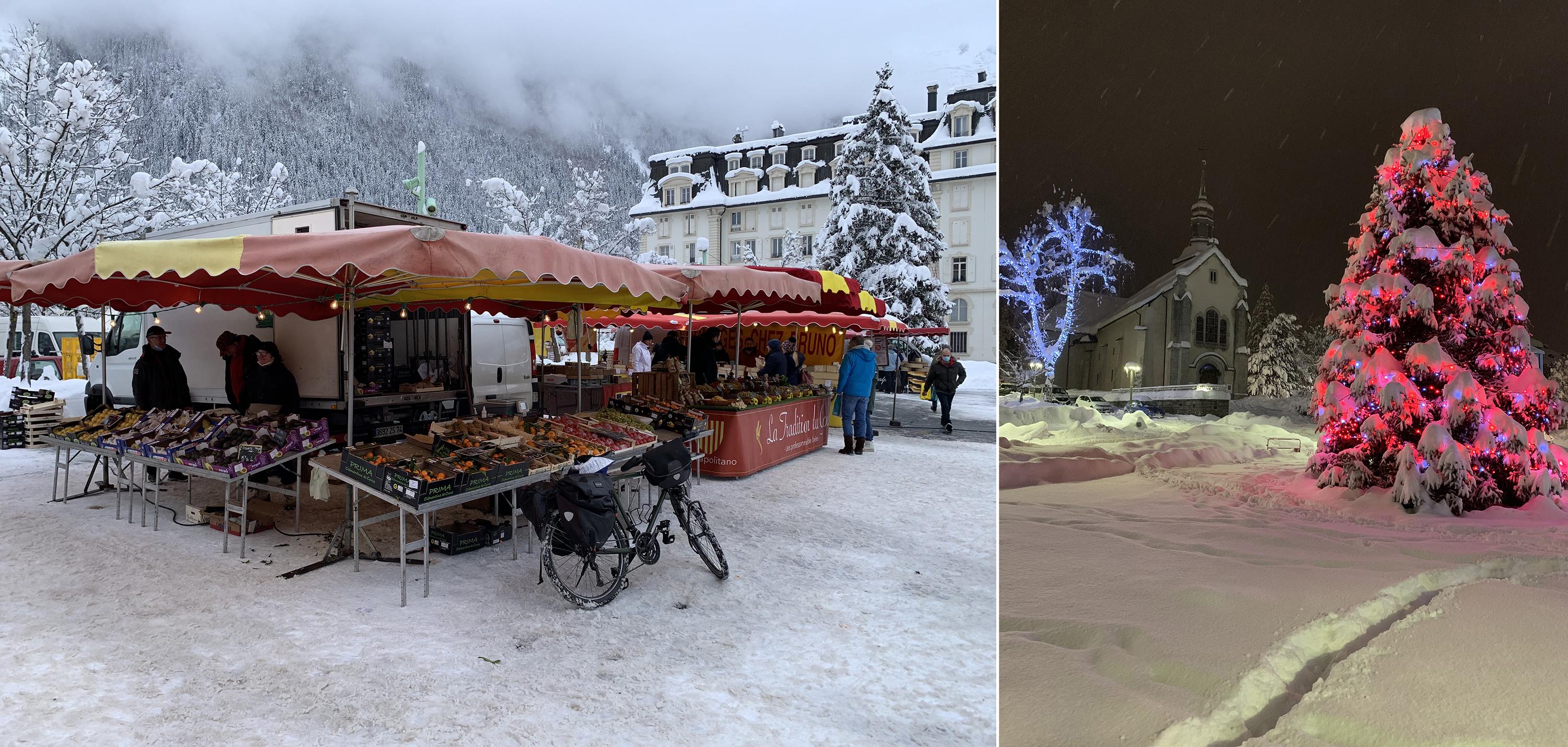 Links: elke zaterdagochtend is het hier markt. Rechts: de kerstboom op het kerkplein maakt Chamonix extra sprookjesachtig tijdens de feestdagen.