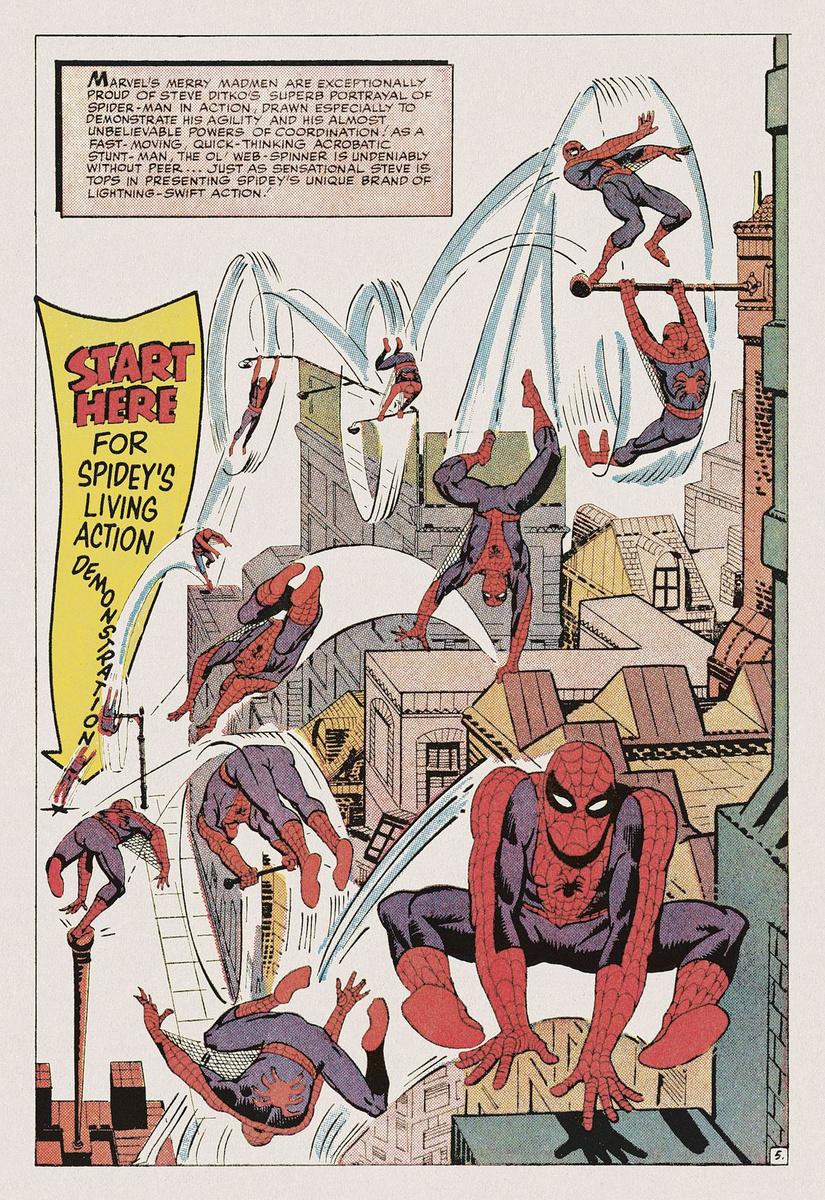 Steve Ditko, mort en 2018 à 90 ans, est aujourd'hui considéré comme l'un des meilleurs dessinateurs de sa génération et de l'écurie Marvel, qu'il quitta pourtant, fâché, après quatre ans et 38 épisodes dessinés de Spider-Man, au cours desquels il ne fut crédité qu'une seule fois, tout à la fin! Également créateur, toujours avec Stan Lee, du Dr. Strange et de la plupart des grands méchants de la saga Spider-Man (le Bouffon Vert, Mysterio, Electro ou le Lézard, tous repris dans les adaptations ciné), Ditko était un maître encreur et adepte fou du mouvement et de la composition, comme le montre cette planche issue du Amazing Spider-Man Annual #1.