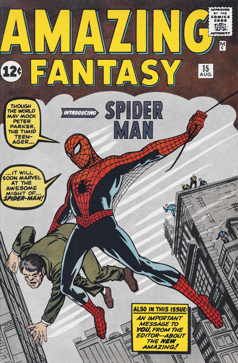 La couverture du comics Amazing Fantasy #15, qui voit la toute première apparition de Spider-Man en 1962, et qui a donc battu tous les records de vente en septembre dernier -plus de 3 millions pour une revue de bande dessinée! Les amateurs retiendront surtout que cette couverture est en réalité réalisée par l'immense Jack Kirby, lequel devait à l'origine collaborer sur la franchise de l'homme araignée. Il s'en ira plutôt ressusciter Captain America dans The Avengers et créer Les Quatre Fantastiques.