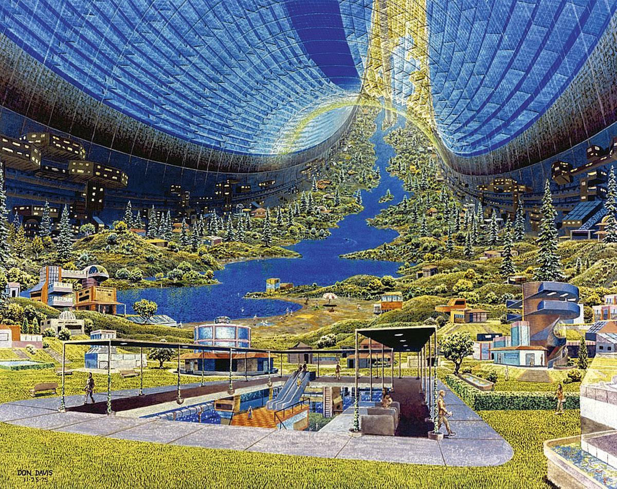 Vue d'artiste de l'intérieur d'un vaisseau-monde de type 