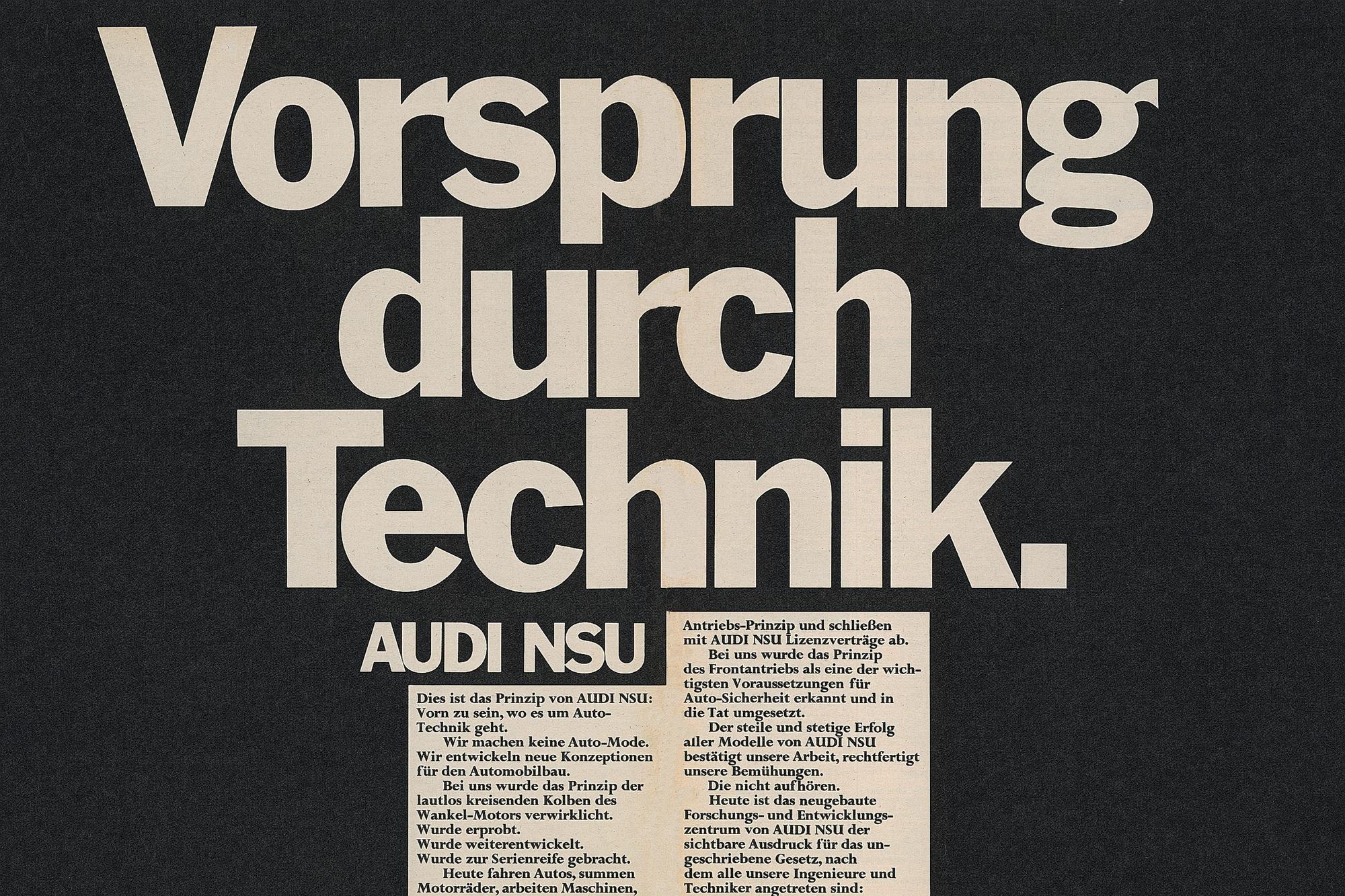 De eerste advertentie met de baseline Vorsprung durch Technik verscheen in 1971.