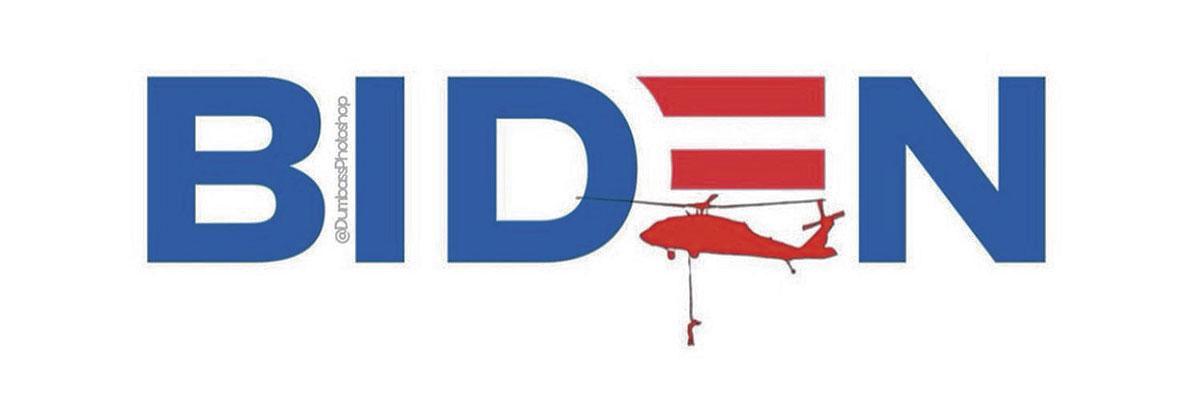 Donald Trump jr., zoon van de voormalige president, plaatste op Twitter dit campagnelogo van Biden, waaraan een door de taliban buitgemaakte helikopter toegevoegd was.