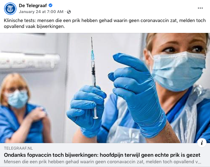 Factcheck: nee, De Telegraaf schrijft niet dat er placebo's zijn uitgedeeld tijdens de coronavaccinatiecampagne