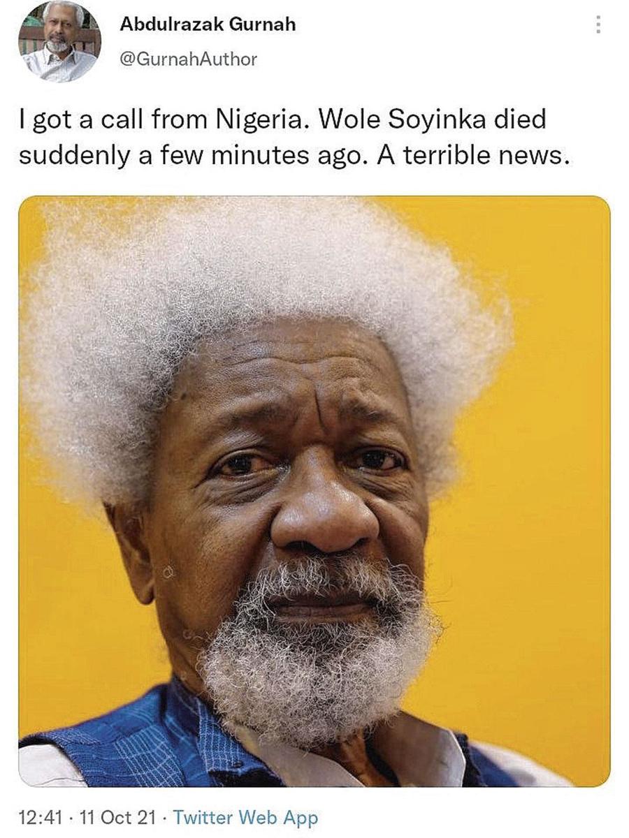 Het valse Twitter-account in naam van Gurnah verspreidde ook een verzonnen overlijdensbericht van Wole Soyinka, een eerdere Nobelprijswinnaar.