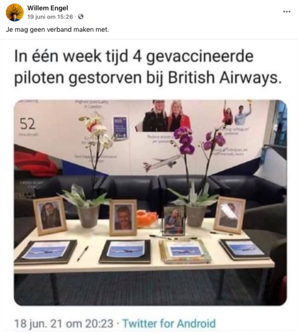 Facebookbericht van de Nederlandse coronascepticus Willem Engel, de oprichter van Viruswaarheid, een actiegroep tegen het coronabeleid van de Nederlandse overheid.
