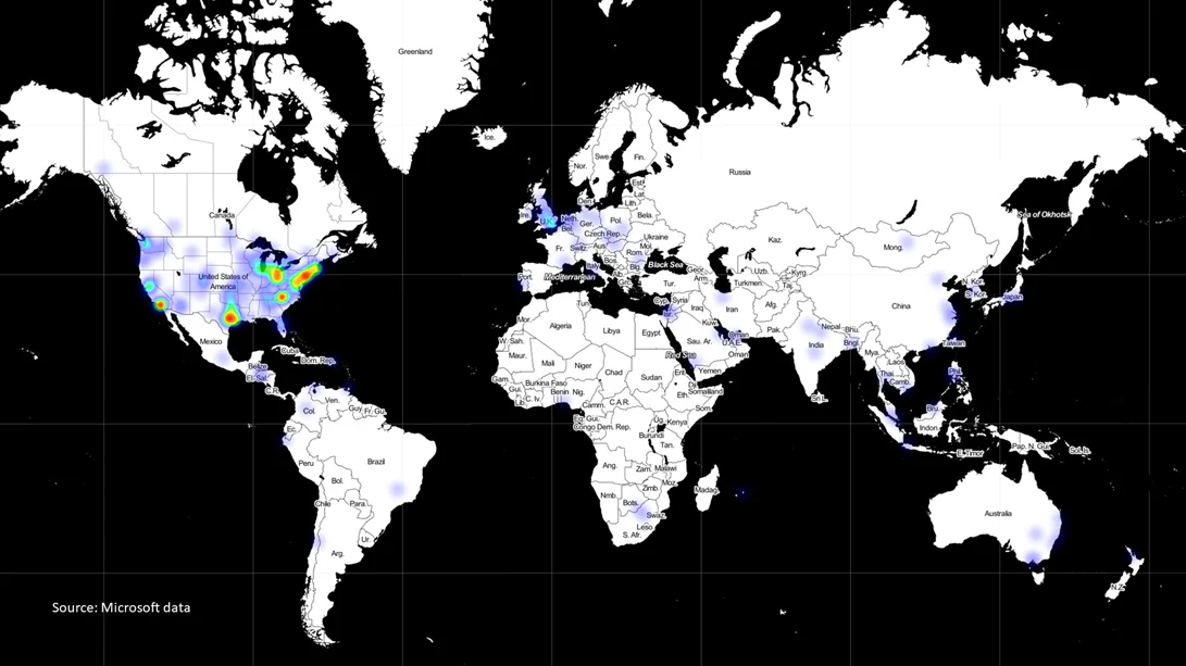 Een kaart van Microsoft-klanten die door de hack bij SolarWinds getroffen werden. 
