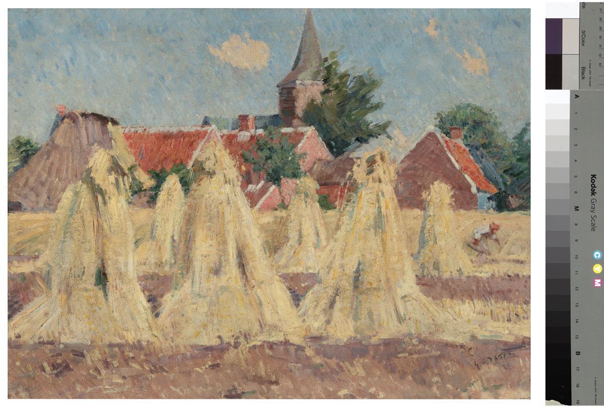 Septemberzon. Korenschoven voor de kerk van Wechelderzande (1887). Dicht bij de boeren en 'het echte leven'.
