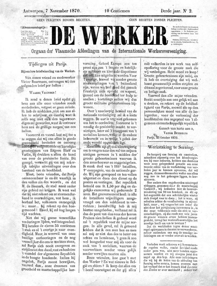 'Victor Buurmans, de secretaris van het Antwerps Volksverbond, publiceerde in De Werker zijn ooggetuigenverslagen over de Commune. Die berichten werden naar België gesmokkeld via een luchtballon.'