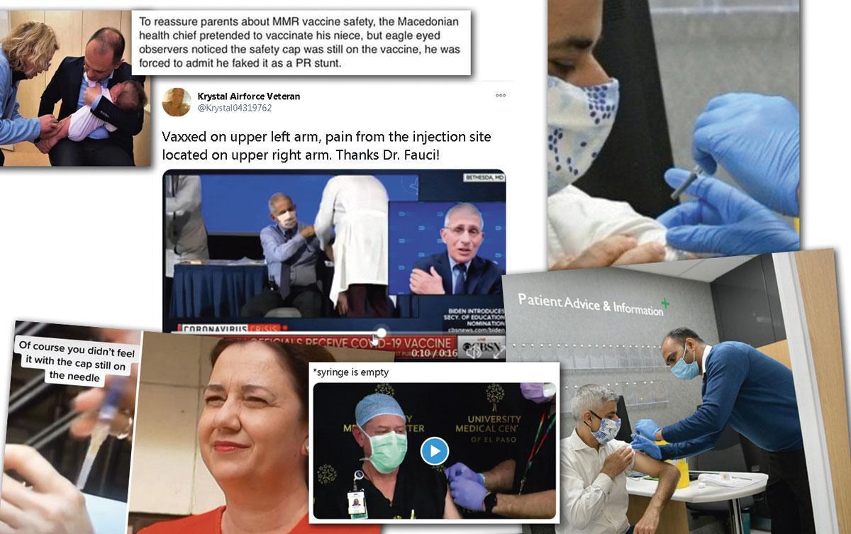 Een collage van misleidende beelden over 'geënsceneerde' coronavaccinaties, verspreid op Twitter om vaccintwijfel aan te wakkeren.