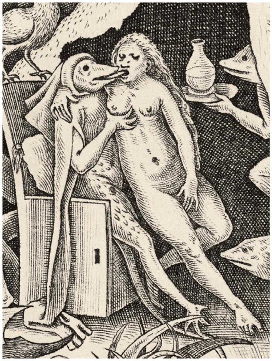 Tongzoenende en masturberende vrouw, op schoot bij Luxuria (Wellust) verbeeld als een monsterachtige duivel; gravure naar Pieter Bruegel, 1558.