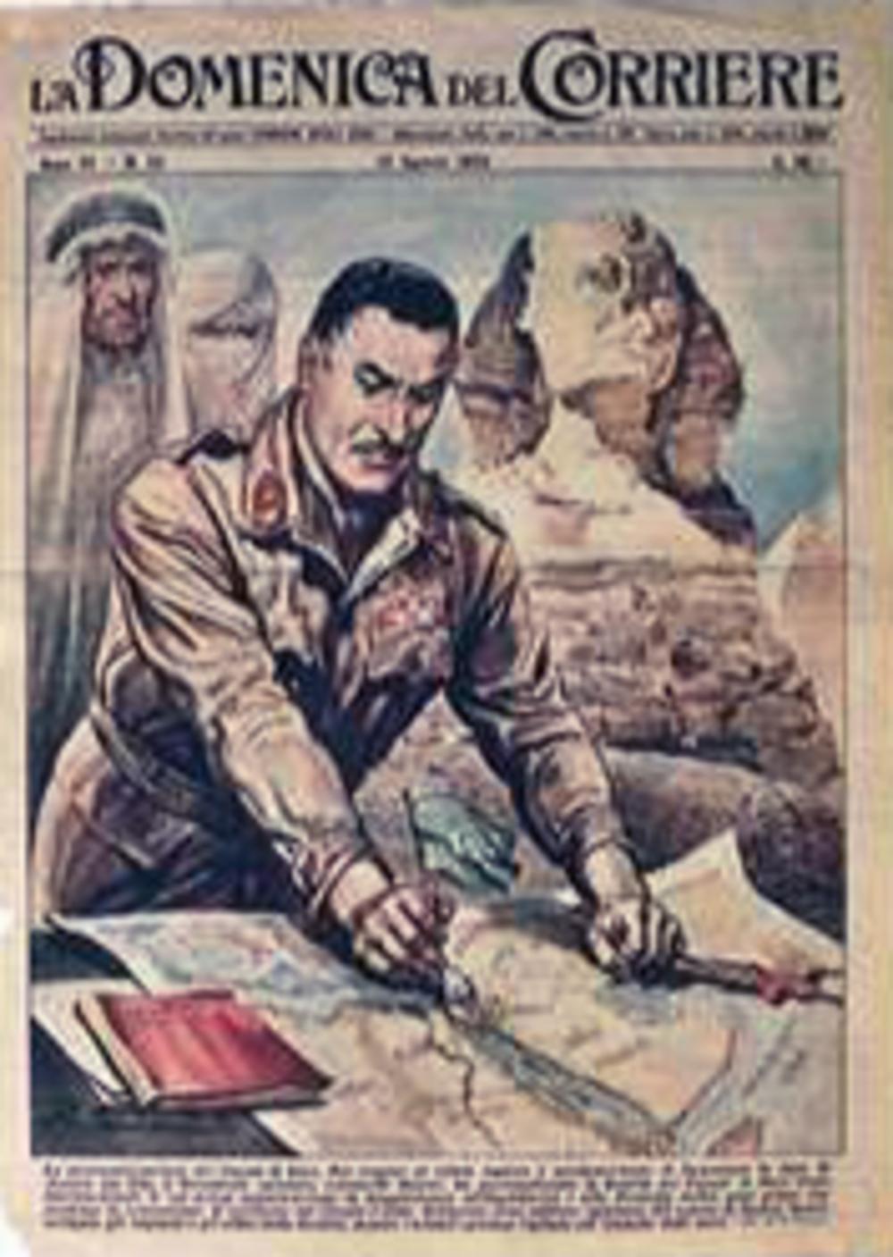 Nasser plant de Egyptische vlag op het Suezkanaal. Tekening in een Italiaans magazine, 1956.