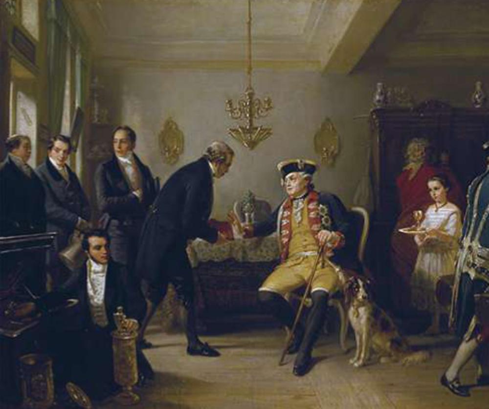 Mayer Amschel Rothschild brengt de schatkist terug bij de keurvorst van Hessen, die deze weigert, schilderij van Moritz Daniel Oppenheim (1800-1882), die meer onderwerpen uit Rothschilds leven vastlegde. (Ascott Estate, Buckinghamshire)