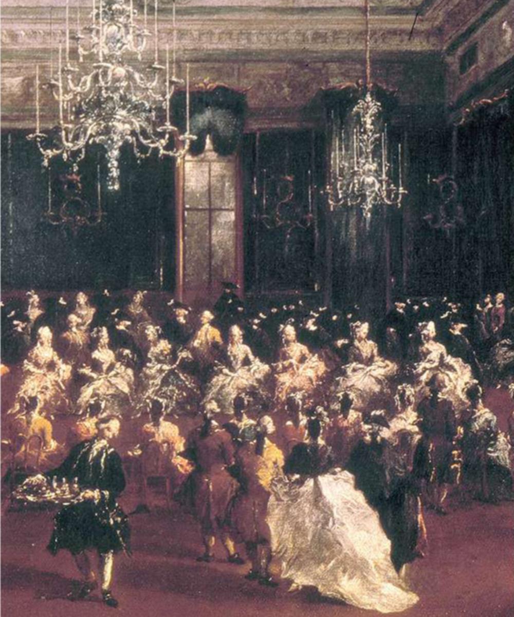 De Venetiaanse elite liet geen gelegenheid tot feesten voorbijgaan: concert in de 'Sala dei Filarmonici', 1782.