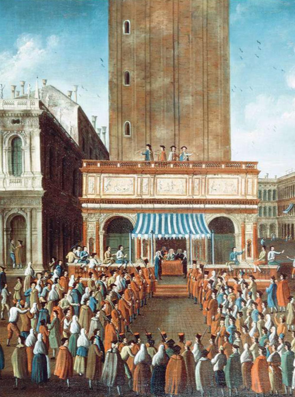 Kansspelen hadden een groot aandeel in het stadsvertier; hier de bekendmaking van de lottogetallen op het San Marco-plein, 18de eeuw.