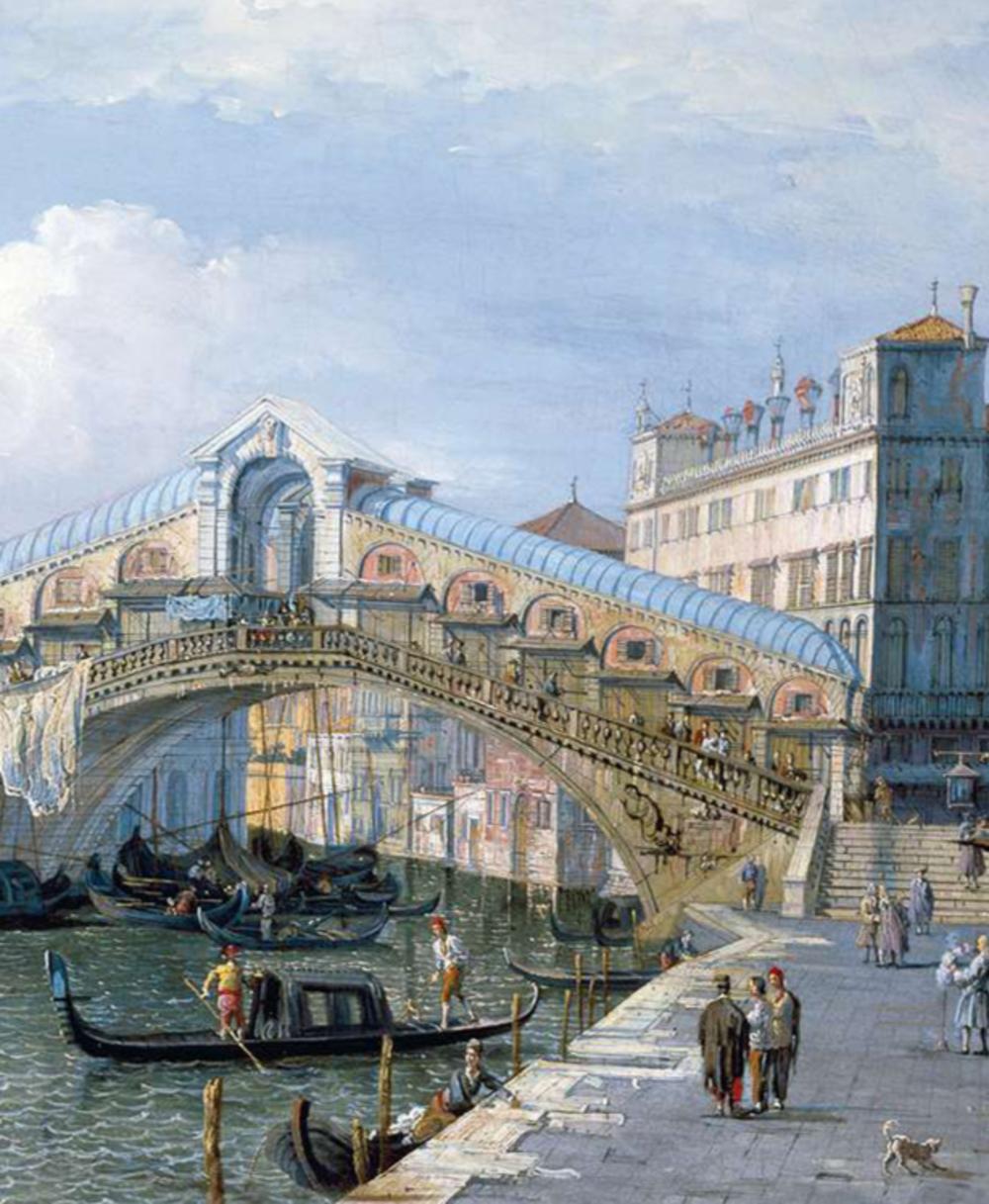 De Rialtobrug, tussen 1588 en 1592 gebouwd door Antonio da Ponte, was lange tijd de enige brug over het Canal Grande (schilderij van Canaletto, vóór 1750).