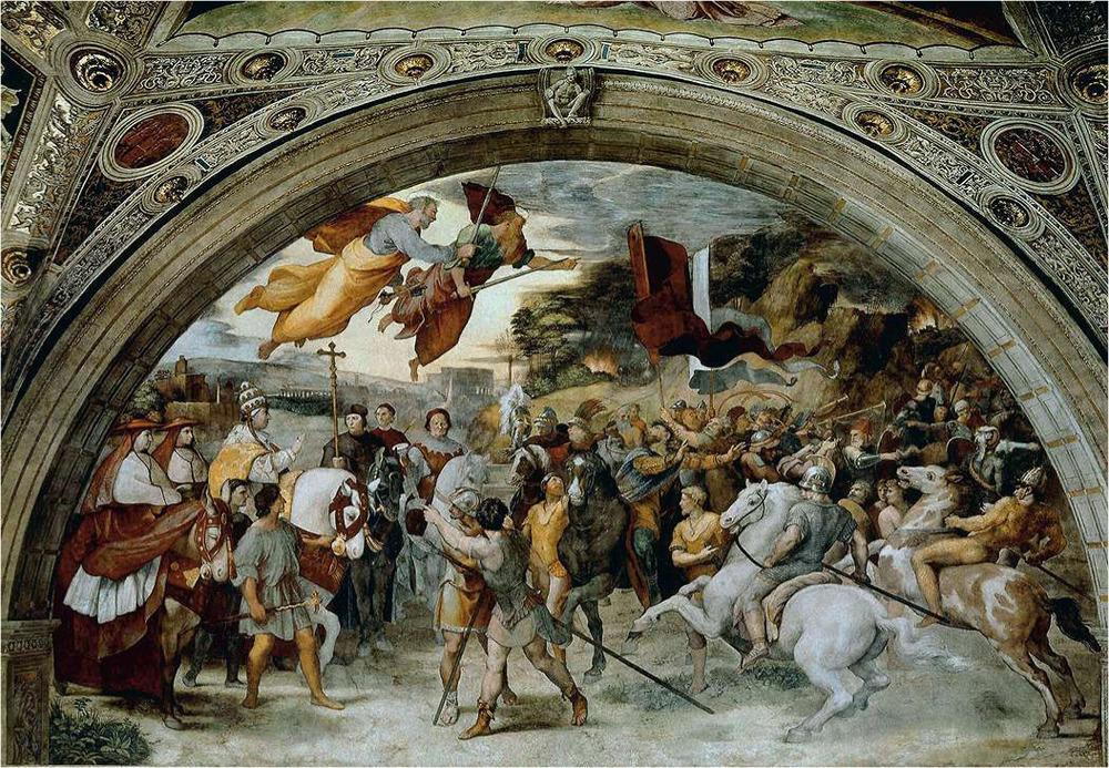 Ontmoeting van paus Leo I en Attila. Fresco van Rafaël in de zogeheten Stanze di Raffaello in het Apostolisch Paleis in Vaticaanstad (1513-1514).