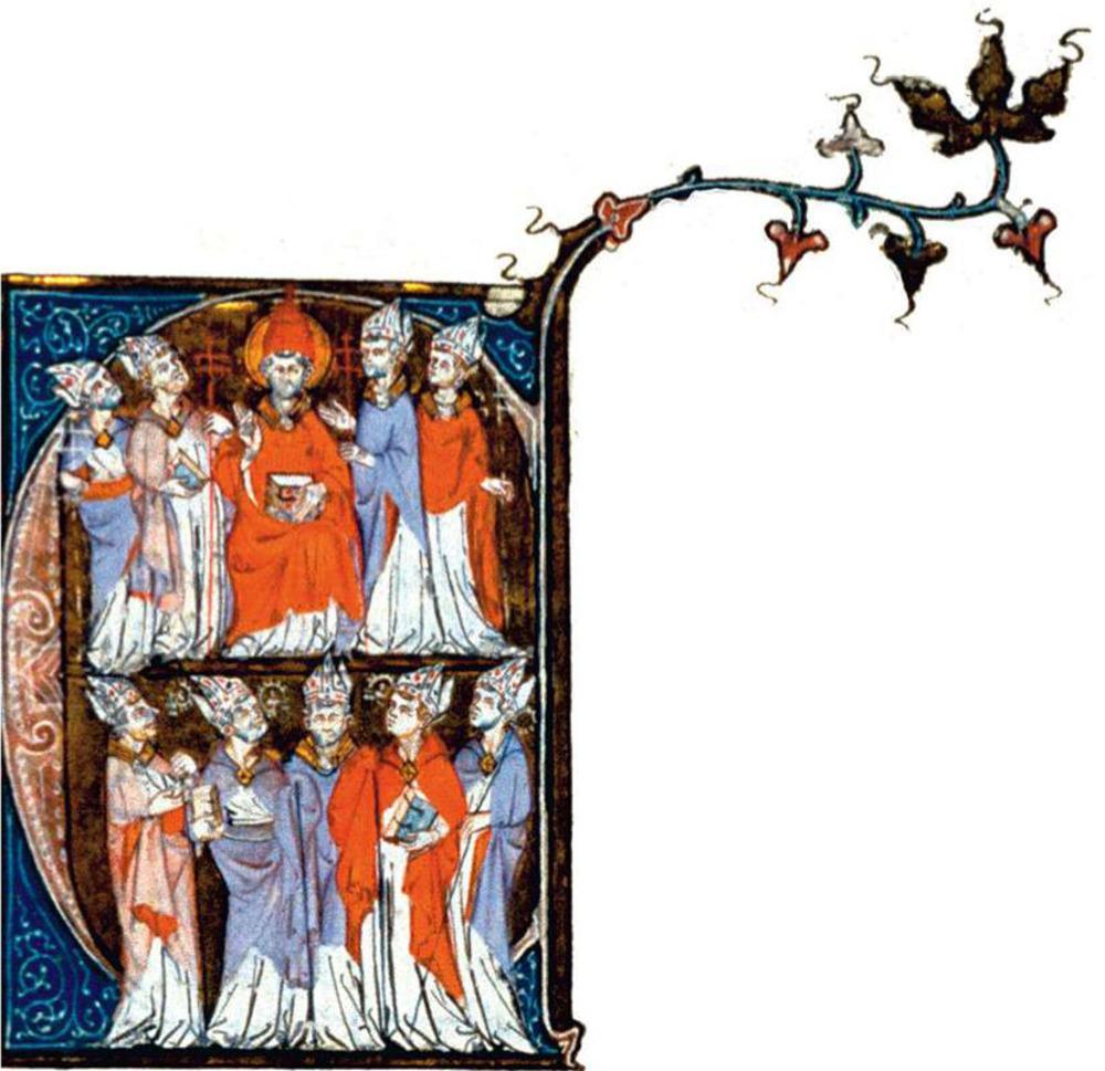 Concilie van Nicea (325). Initiaal in een handschrift uit de tweede helft van de 13de eeuw. Toulouse, Bibliothèque municipale.