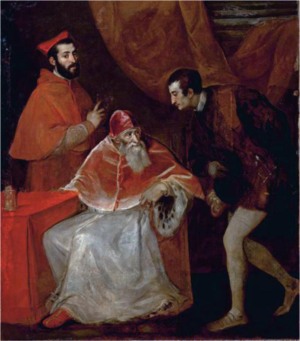 Paus Paulus III en zijn kleinzonen, kardinaal Alexander Farnese en hertog Ottavio Farnese. Schilderij van Titiaan (1546). Napels, Museo di Capodimonte.