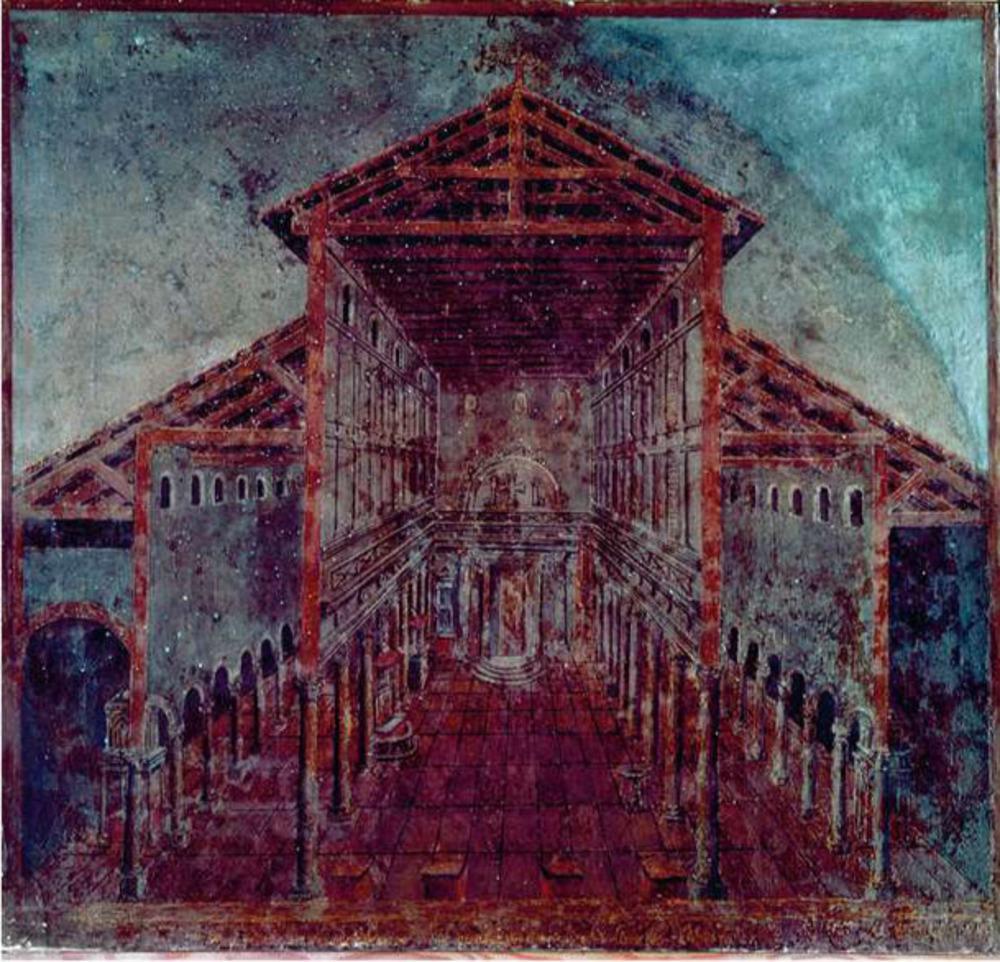 De oude Sint-Pietersbasiliek, gebouwd onder keizer Constantijn, in de jaren 319-333. Fresco. Biblioteca Vaticana.